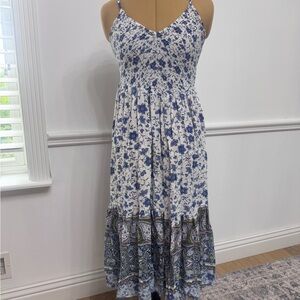 Blue & White Floral Smocked Maxi Dress